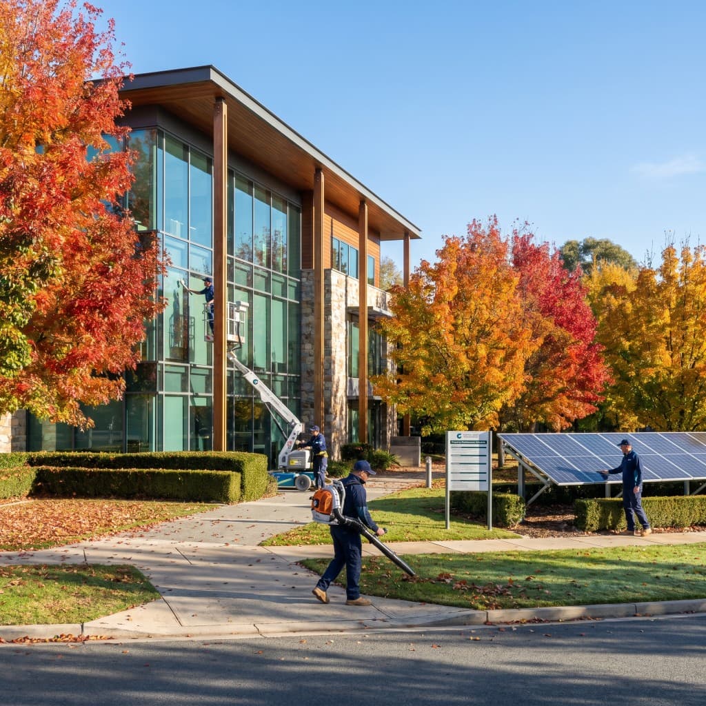 Maintenance crew cleaning windows and grounds at a modern commercial building in autumn