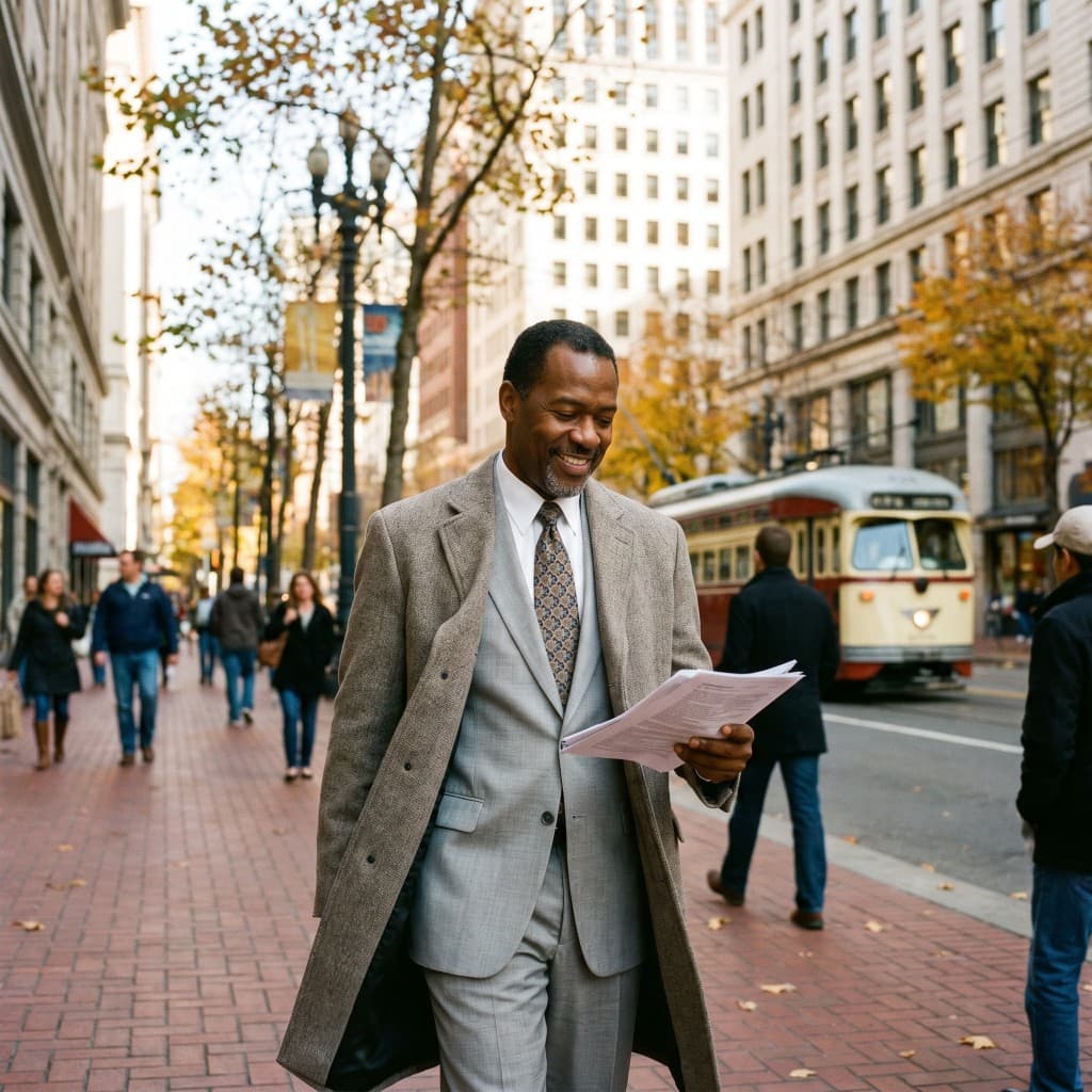Professional man in a suit walking on a city sidewalk reviewing documents
